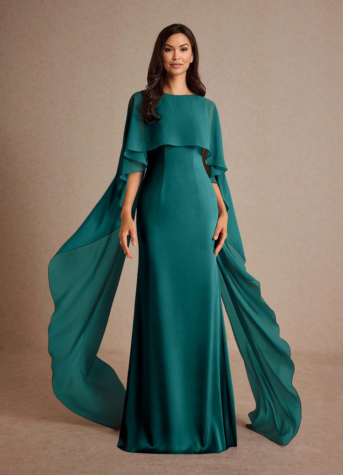 Milfred Sheath Boat-Neck Stretch Satin and Chiffon Mother of the Bride Dress in Peacock
