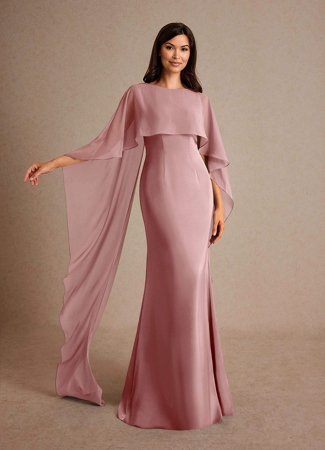 Milfred Sheath Boat-Neck Stretch Satin and Chiffon Mother of the Bride Dress in Dusty Rose