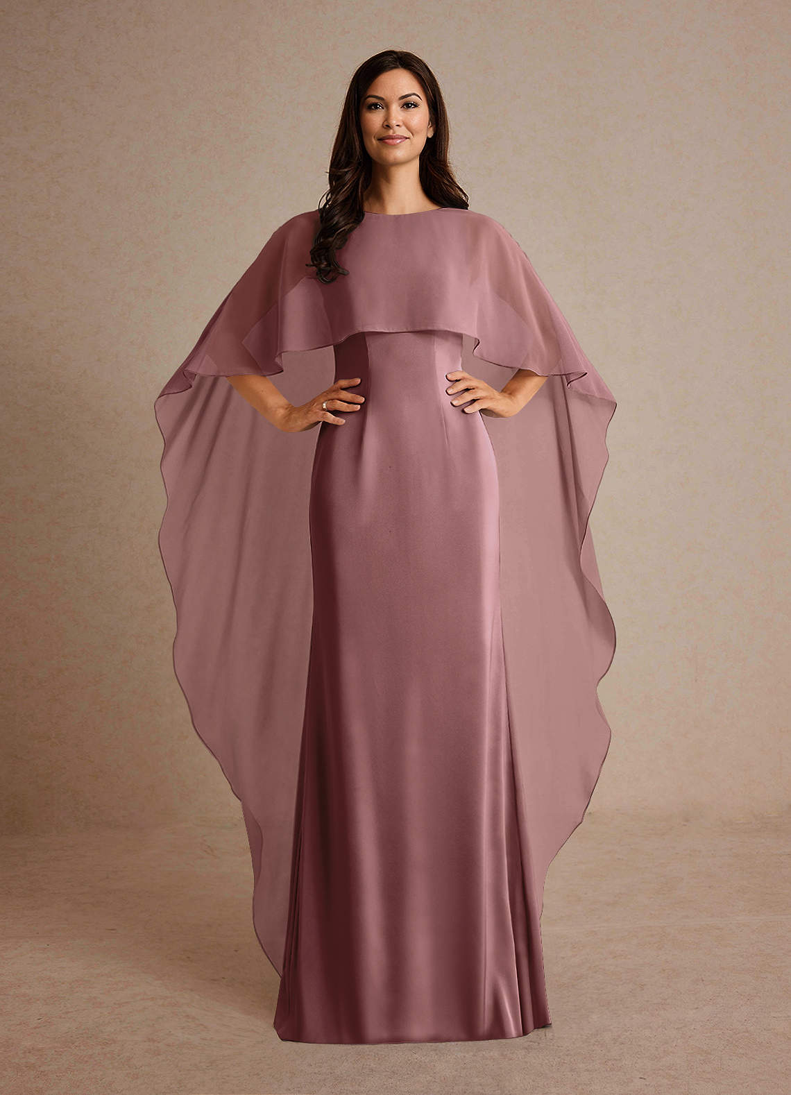 Milfred Sheath Boat-Neck Stretch Satin and Chiffon Mother of the Bride Dress in Desert Rose