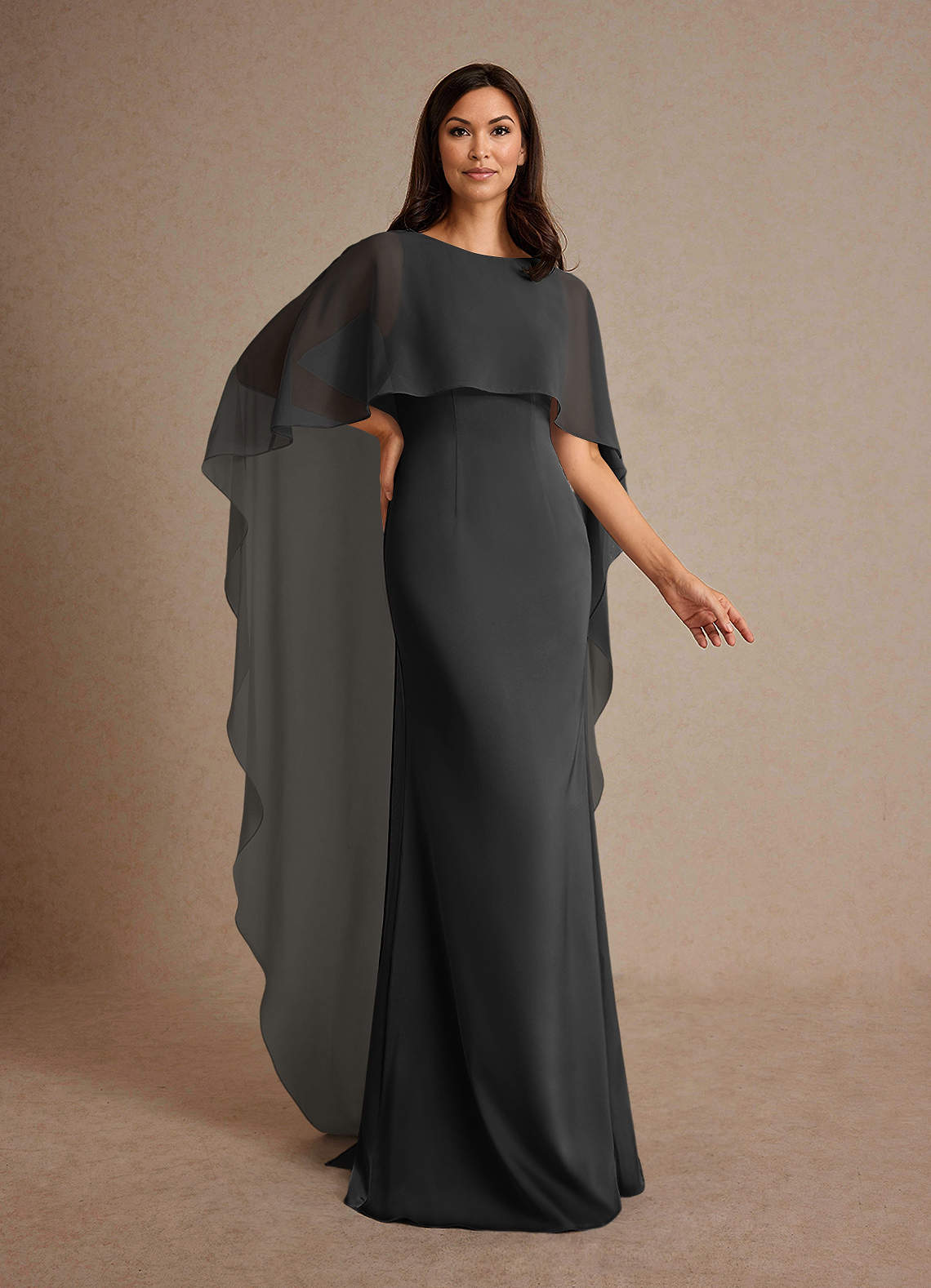 Milfred Sheath Boat-Neck Stretch Satin and Chiffon Mother of the Bride Dress in black