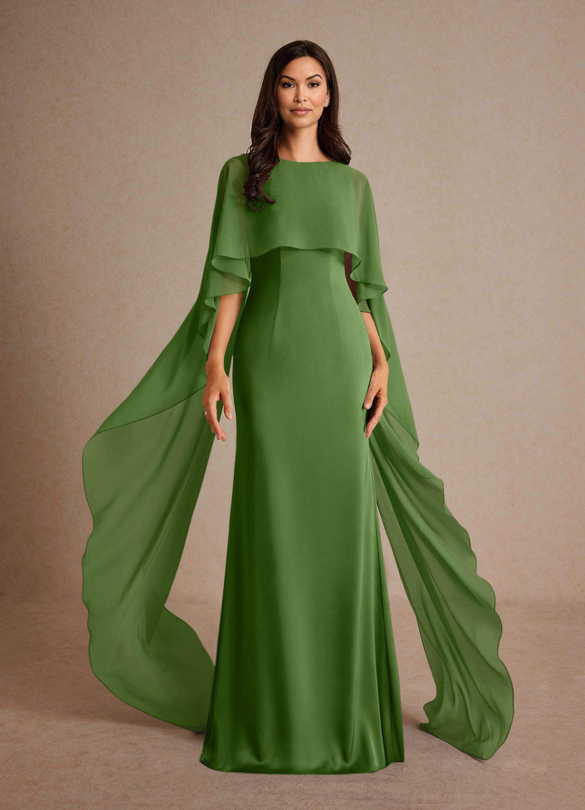 Milfred Sheath Boat-Neck Stretch Satin and Chiffon Mother of the Bride Dress in Basil