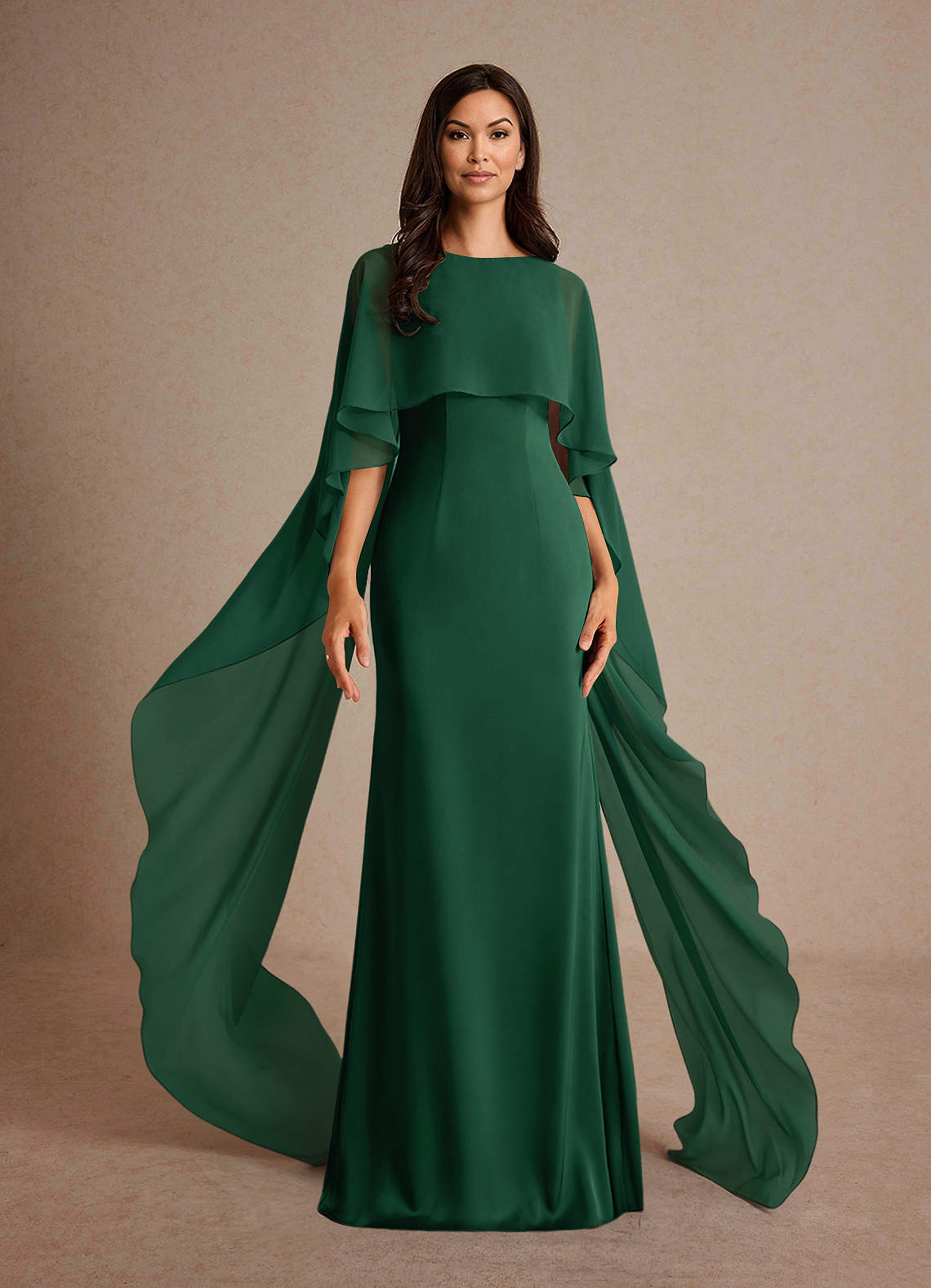 Milfred Sheath Boat-Neck Stretch Satin and Chiffon Mother of the Bride Dress in Dark Green