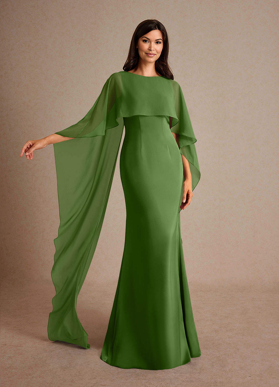 Milfred Sheath Boat-Neck Stretch Satin and Chiffon Mother of the Bride Dress in Basil