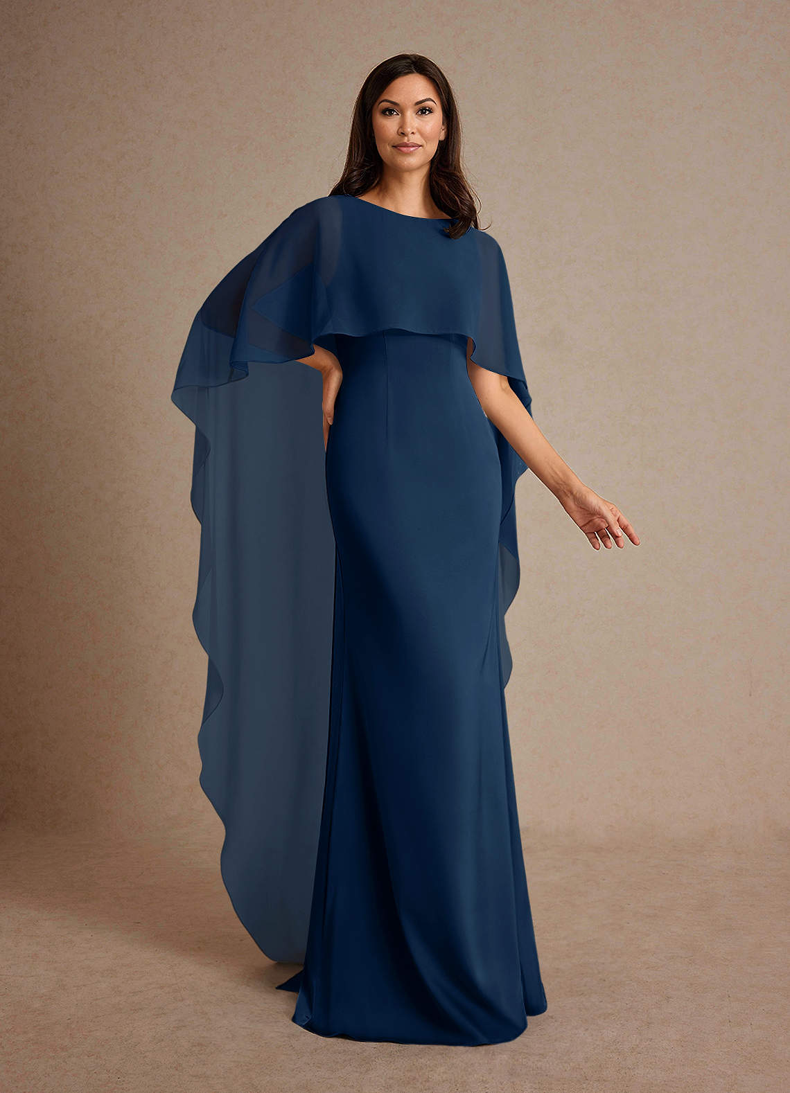 Milfred Sheath Boat-Neck Stretch Satin and Chiffon Mother of the Bride Dress in Dark Navy