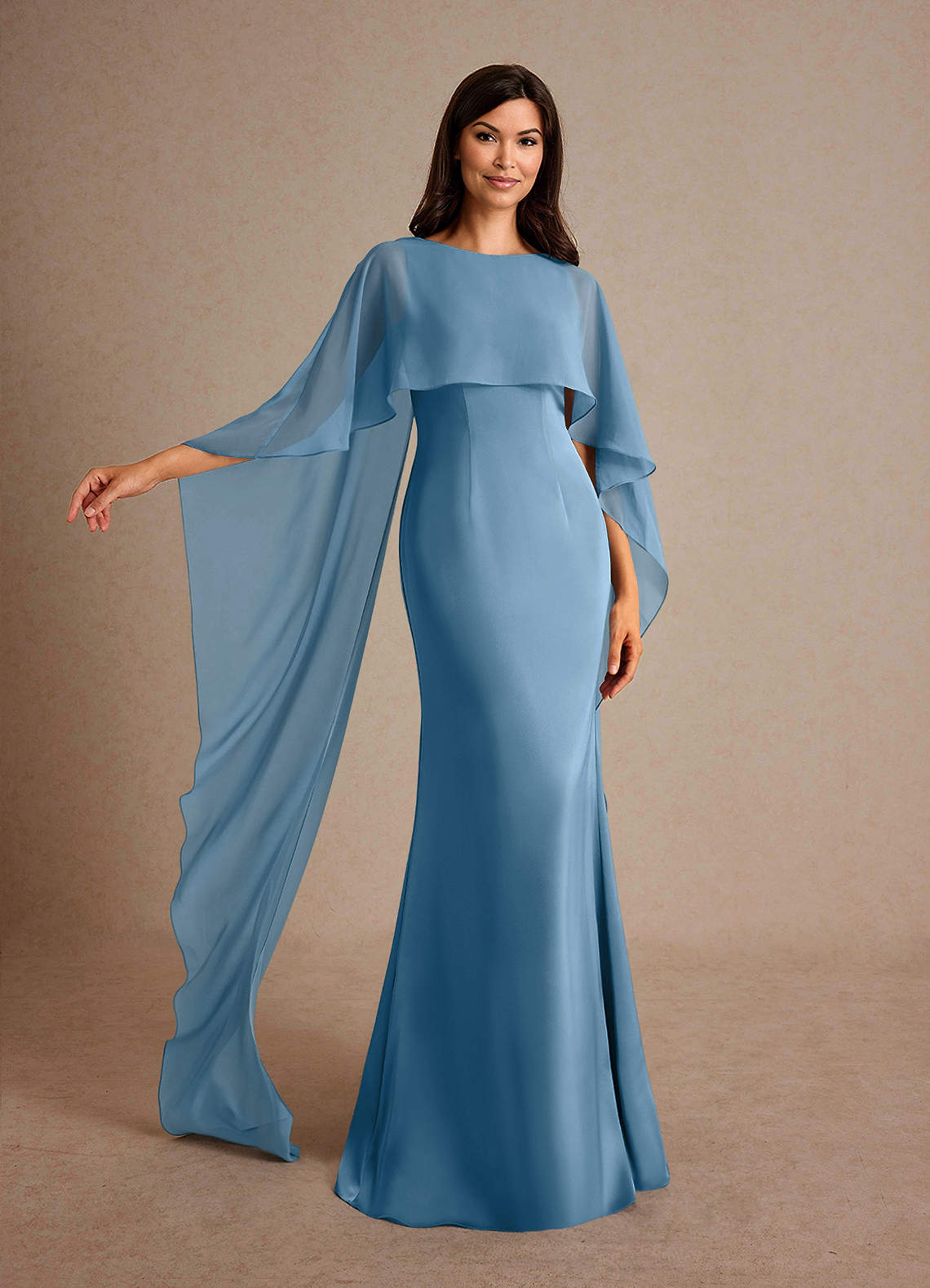 Milfred Sheath Boat-Neck Stretch Satin and Chiffon Mother of the Bride Dress in Steel Blue