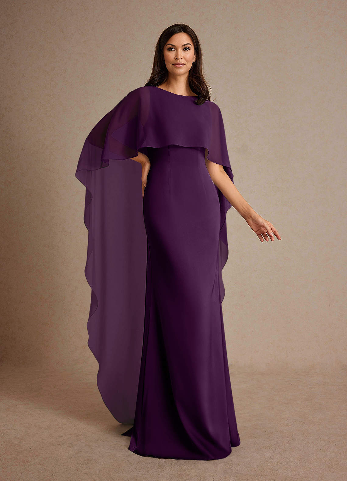 Milfred Sheath Boat-Neck Stretch Satin and Chiffon Mother of the Bride Dress in Plum