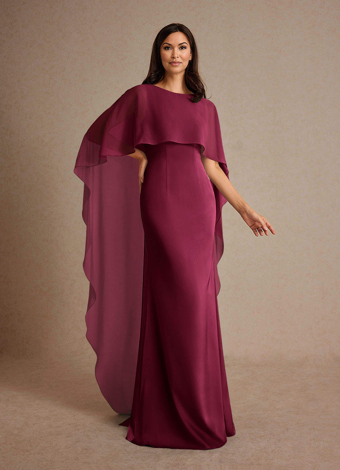 Milfred Sheath Boat-Neck Stretch Satin and Chiffon Mother of the Bride Dress in Burgundy