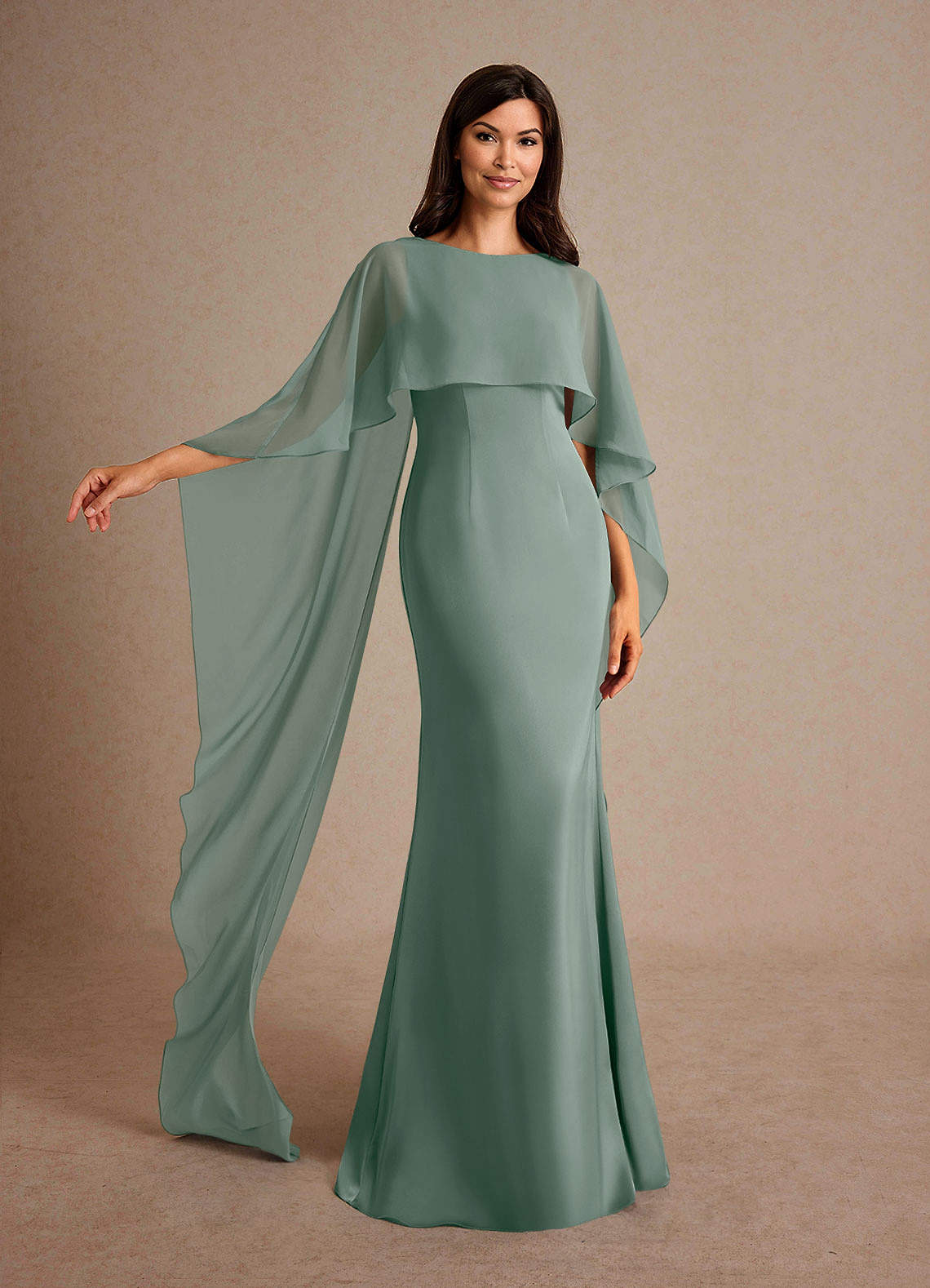 Milfred Sheath Boat-Neck Stretch Satin and Chiffon Mother of the Bride Dress in Silver Sage