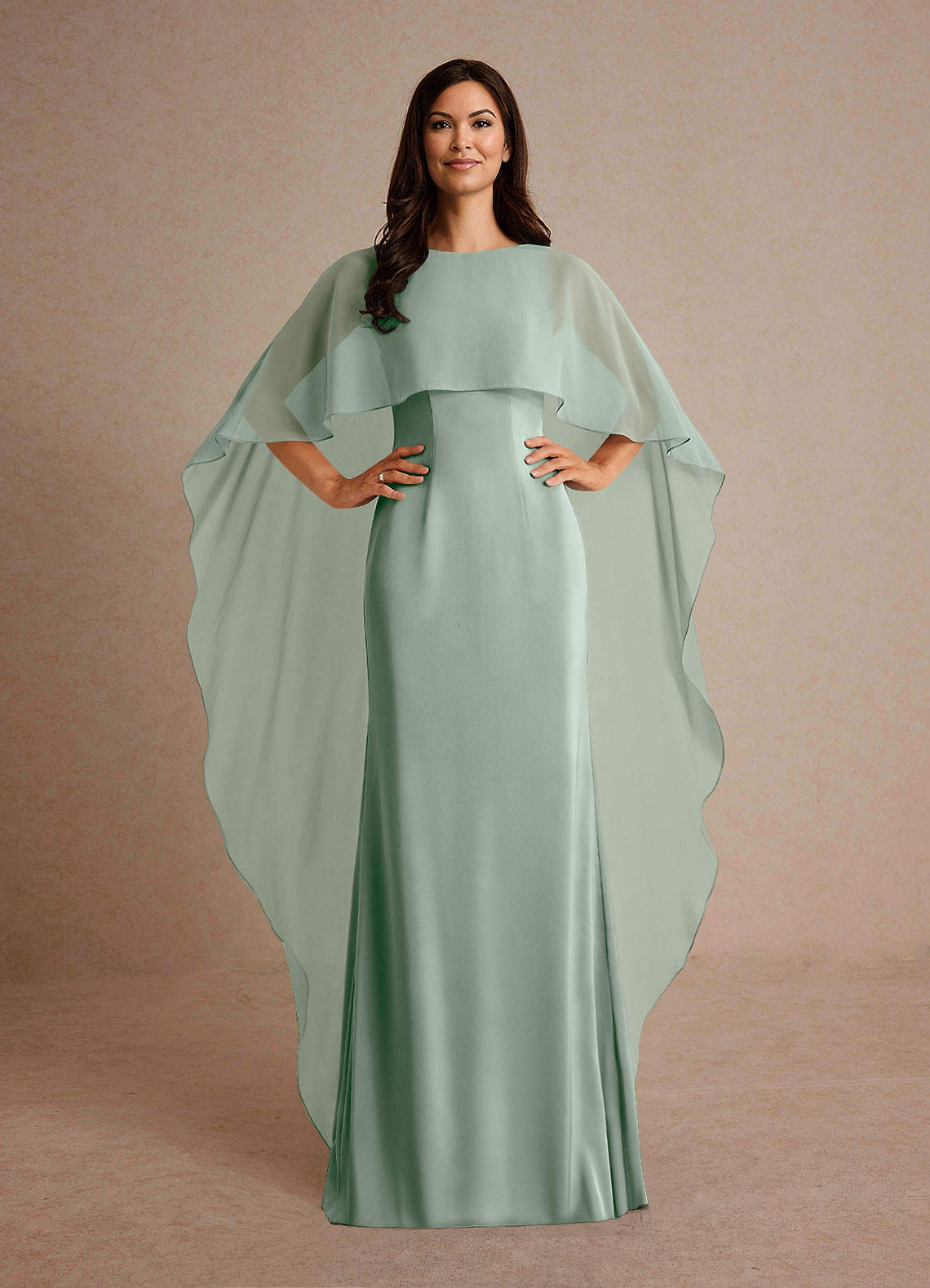 Milfred Sheath Boat-Neck Stretch Satin and Chiffon Mother of the Bride Dress in Agave