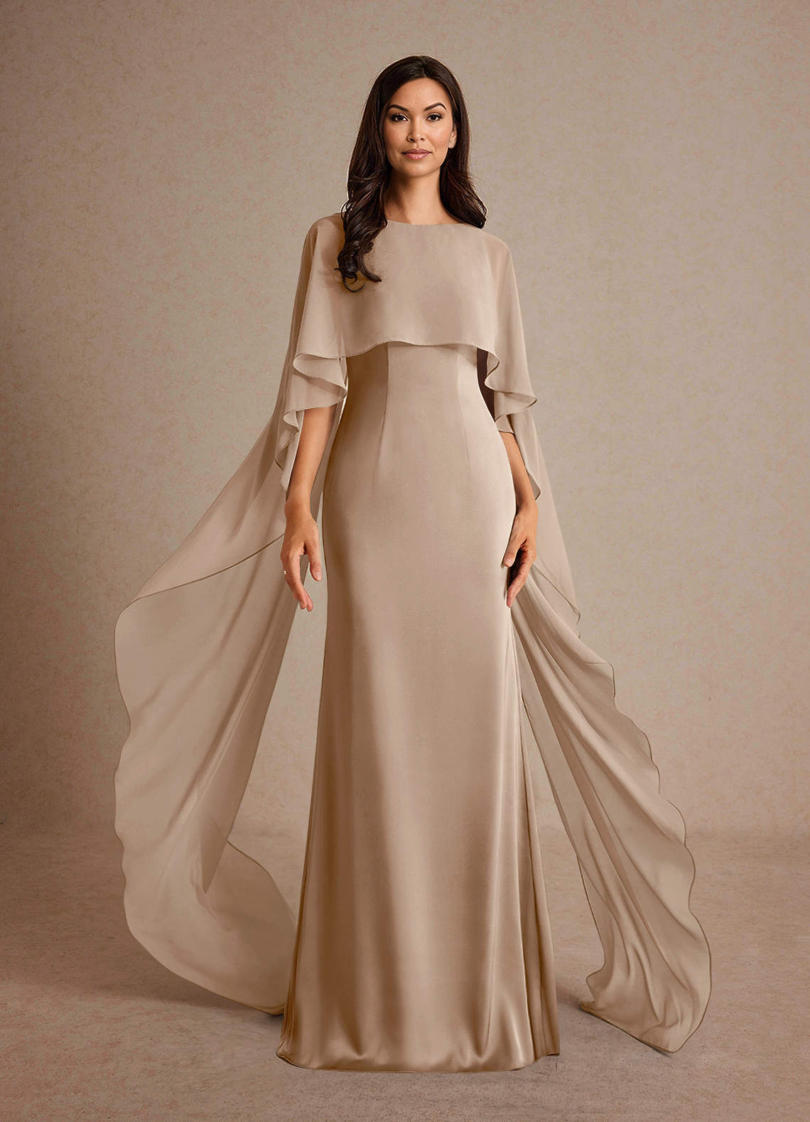 Milfred Sheath Boat-Neck Stretch Satin and Chiffon Mother of the Bride Dress in taupe
