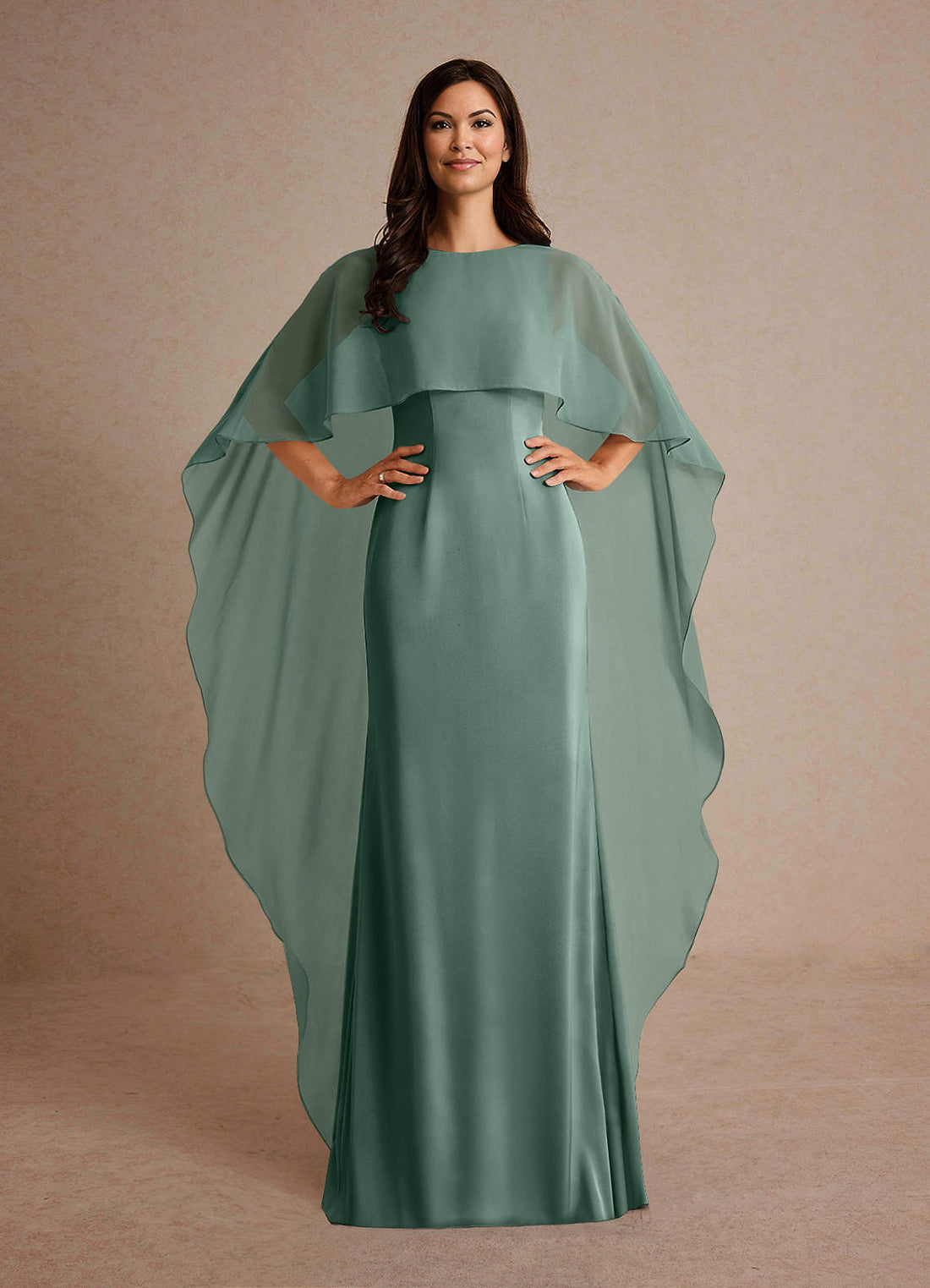 Milfred Sheath Boat-Neck Stretch Satin and Chiffon Mother of the Bride Dress in eucalyptus