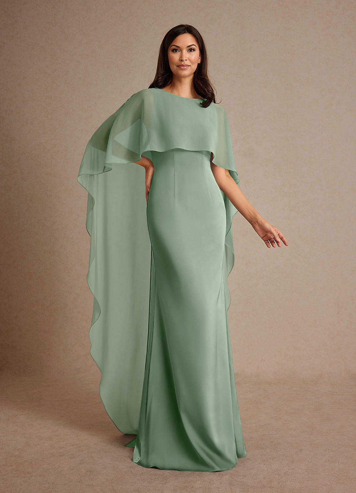 Milfred Sheath Boat-Neck Stretch Satin and Chiffon Mother of the Bride Dress in matcha