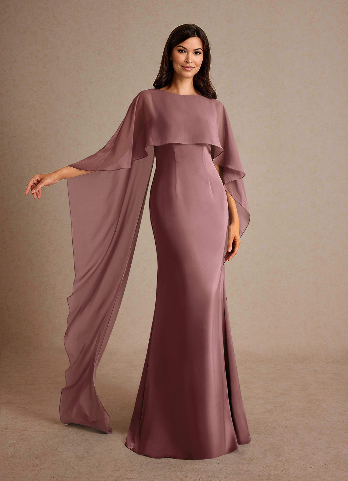 Milfred Sheath Boat-Neck Stretch Satin and Chiffon Mother of the Bride Dress in Desert Rose