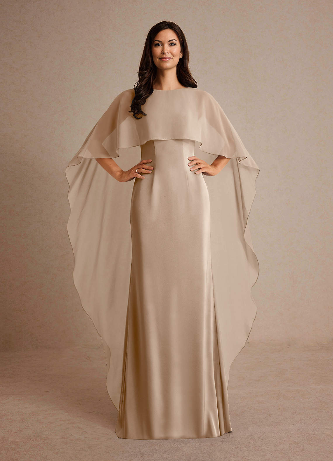 Milfred Sheath Boat-Neck Stretch Satin and Chiffon Mother of the Bride Dress in taupe