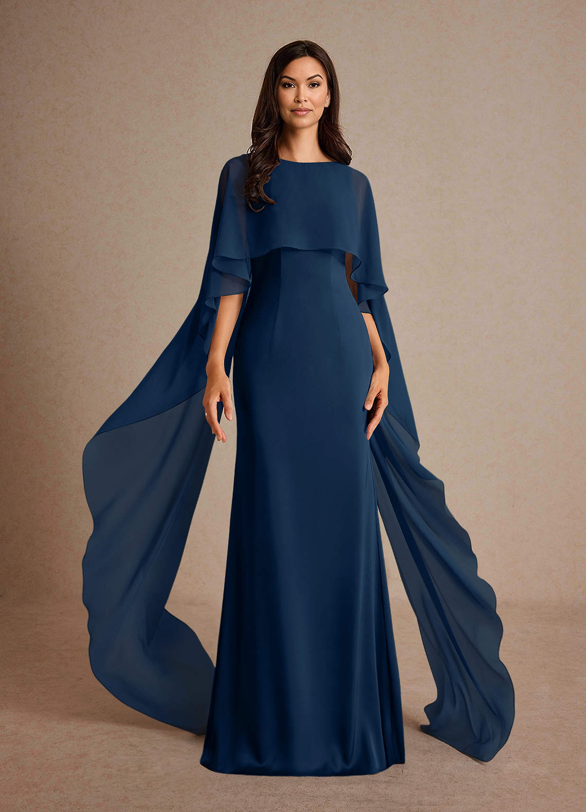 Milfred Sheath Boat-Neck Stretch Satin and Chiffon Mother of the Bride Dress in Dark Navy