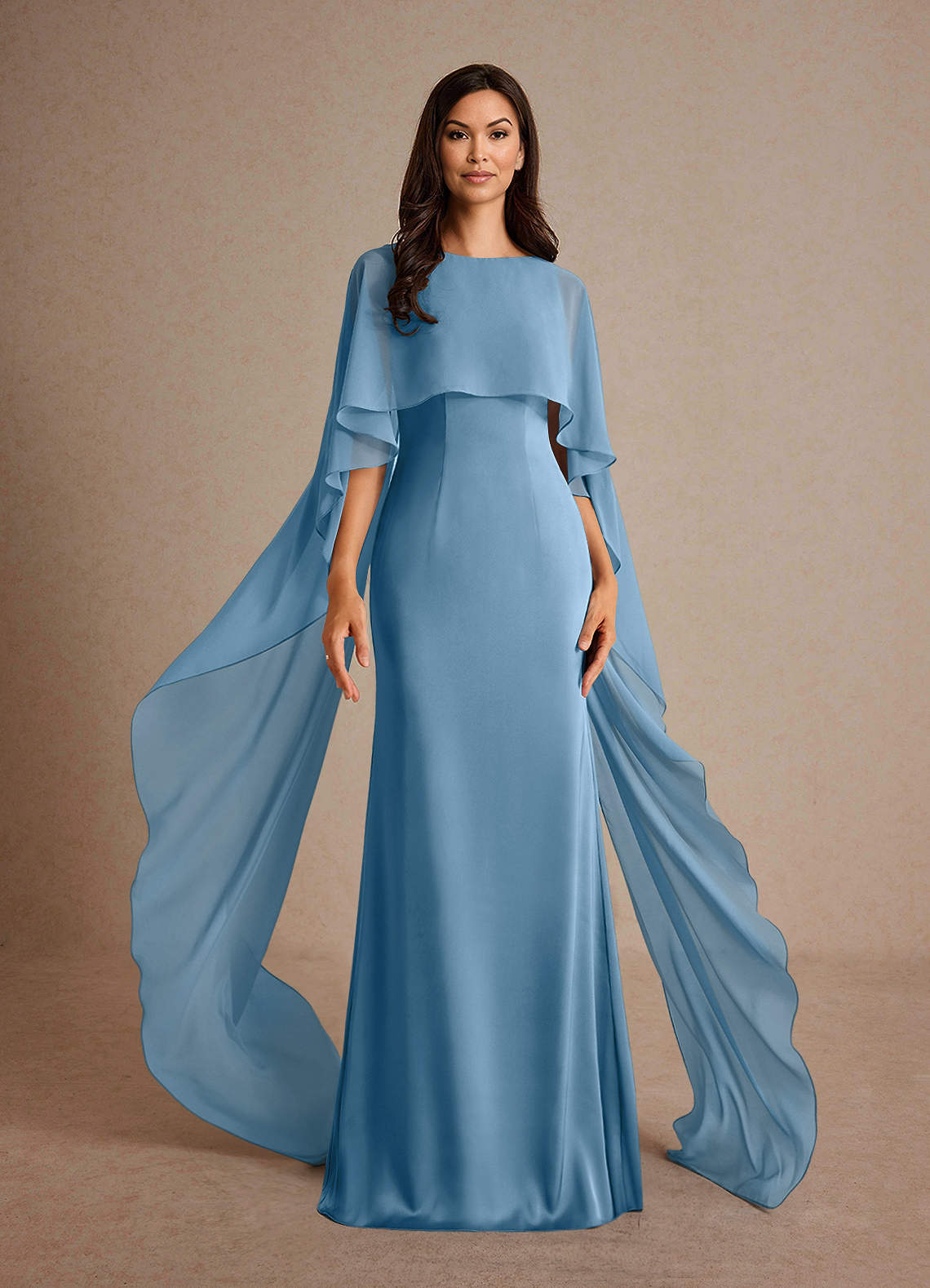 Milfred Sheath Boat-Neck Stretch Satin and Chiffon Mother of the Bride Dress in Steel Blue