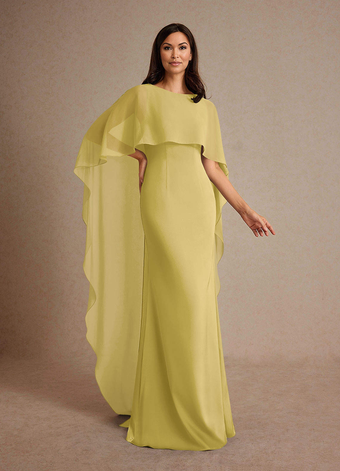 Milfred Sheath Boat-Neck Stretch Satin and Chiffon Mother of the Bride Dress in Canary