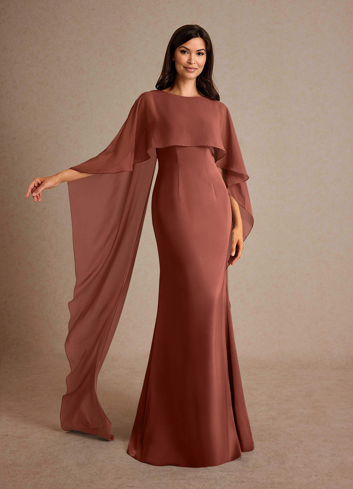 Milfred Sheath Boat-Neck Stretch Satin and Chiffon Mother of the Bride Dress in Auburn