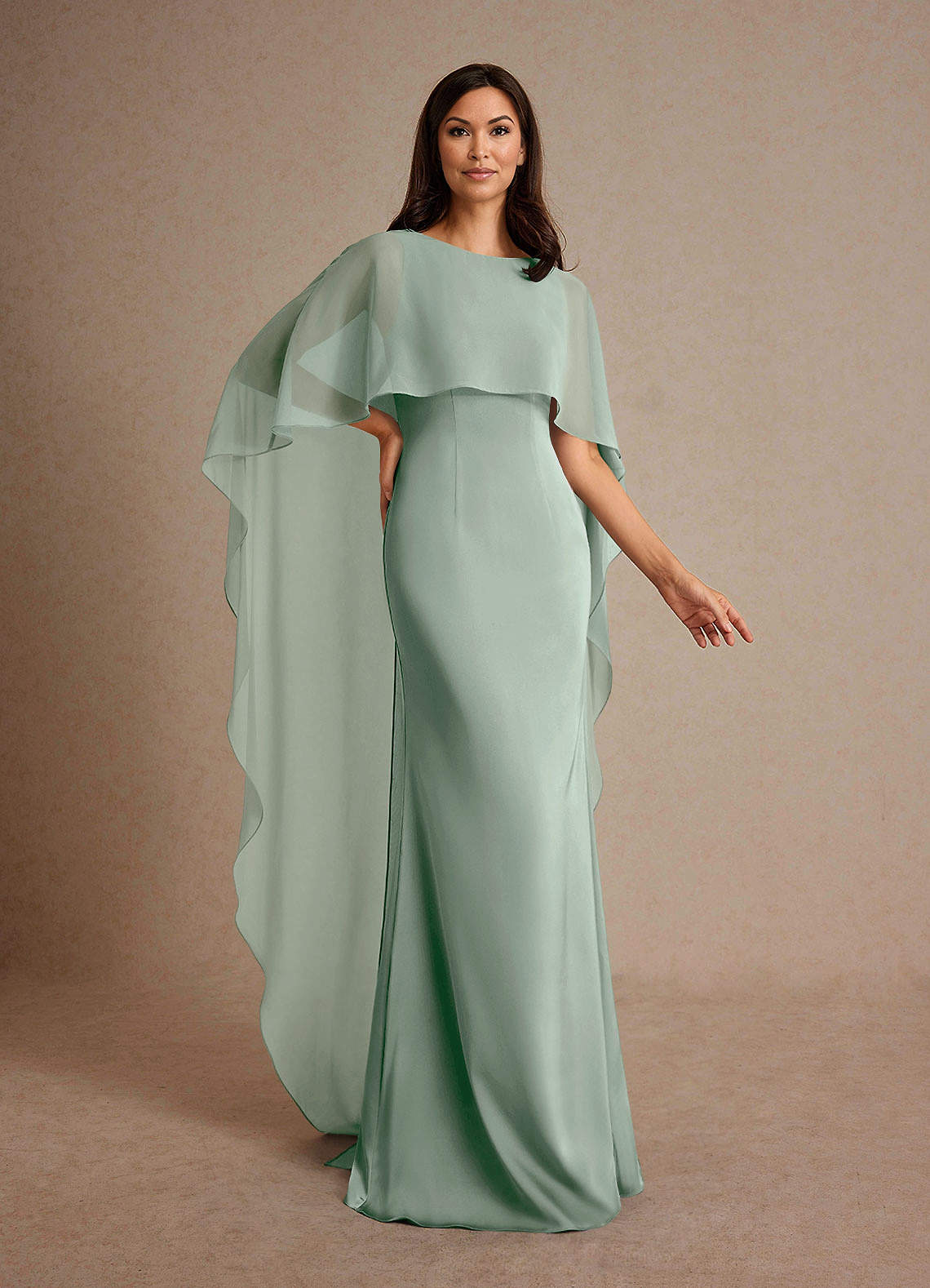 Milfred Sheath Boat-Neck Stretch Satin and Chiffon Mother of the Bride Dress in Agave