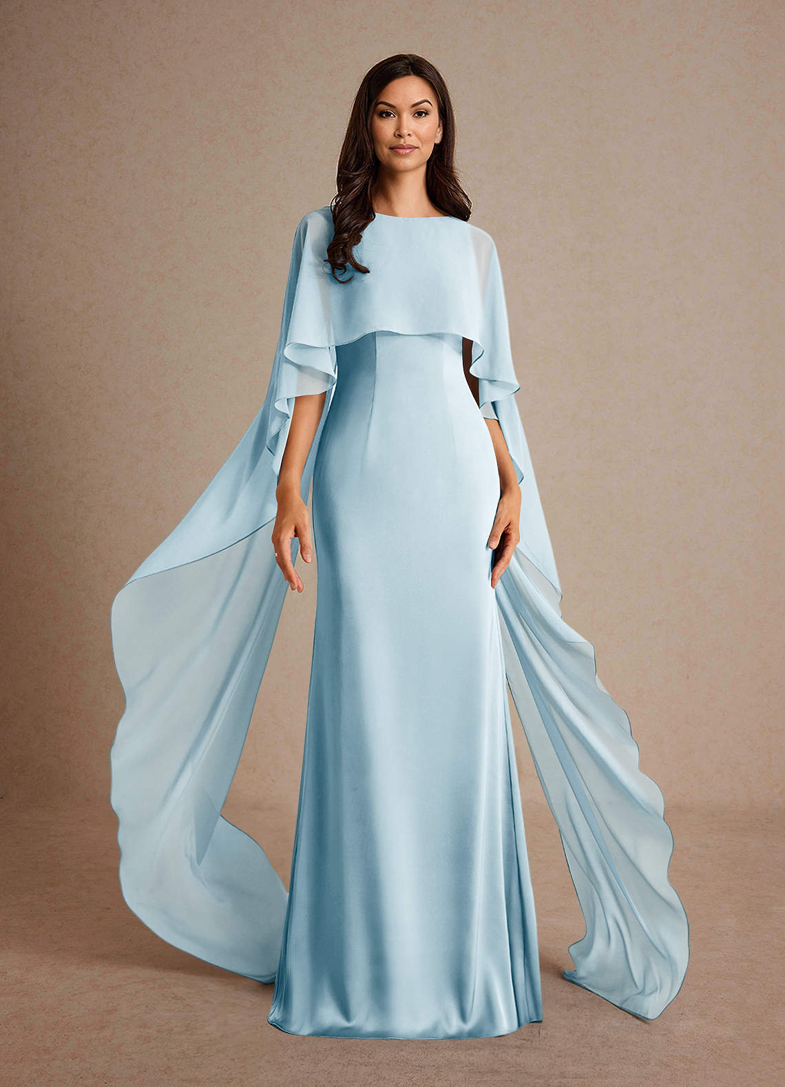 Milfred Sheath Boat-Neck Stretch Satin and Chiffon Mother of the Bride Dress in Sky Blue