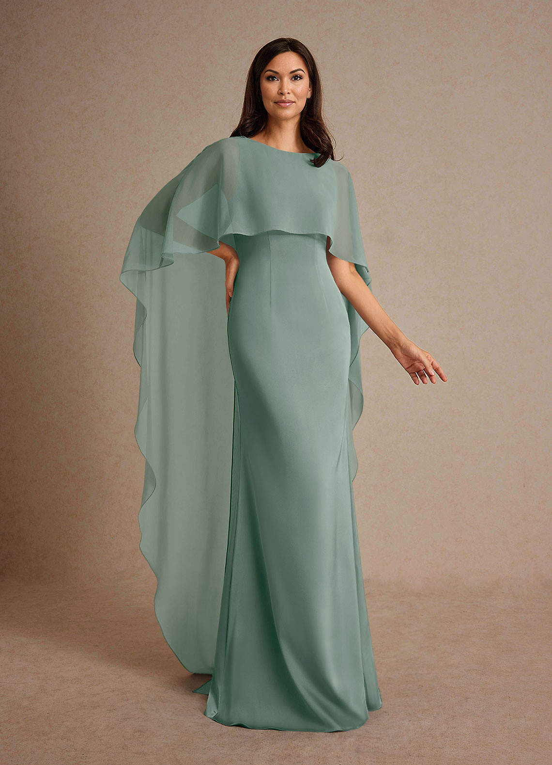 Milfred Sheath Boat-Neck Stretch Satin and Chiffon Mother of the Bride Dress in Silver Sage