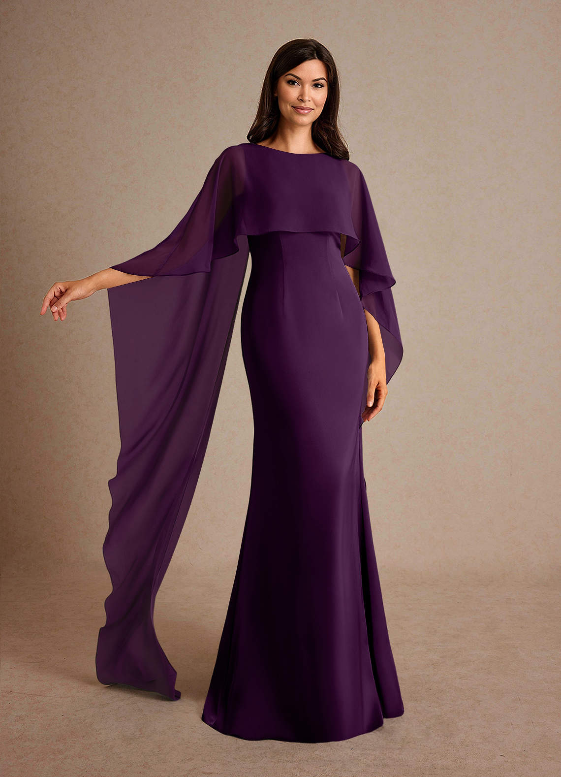 Milfred Sheath Boat-Neck Stretch Satin and Chiffon Mother of the Bride Dress in Plum