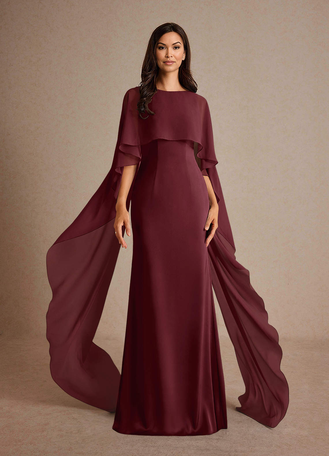 Milfred Sheath Boat-Neck Stretch Satin and Chiffon Mother of the Bride Dress in Cabernet