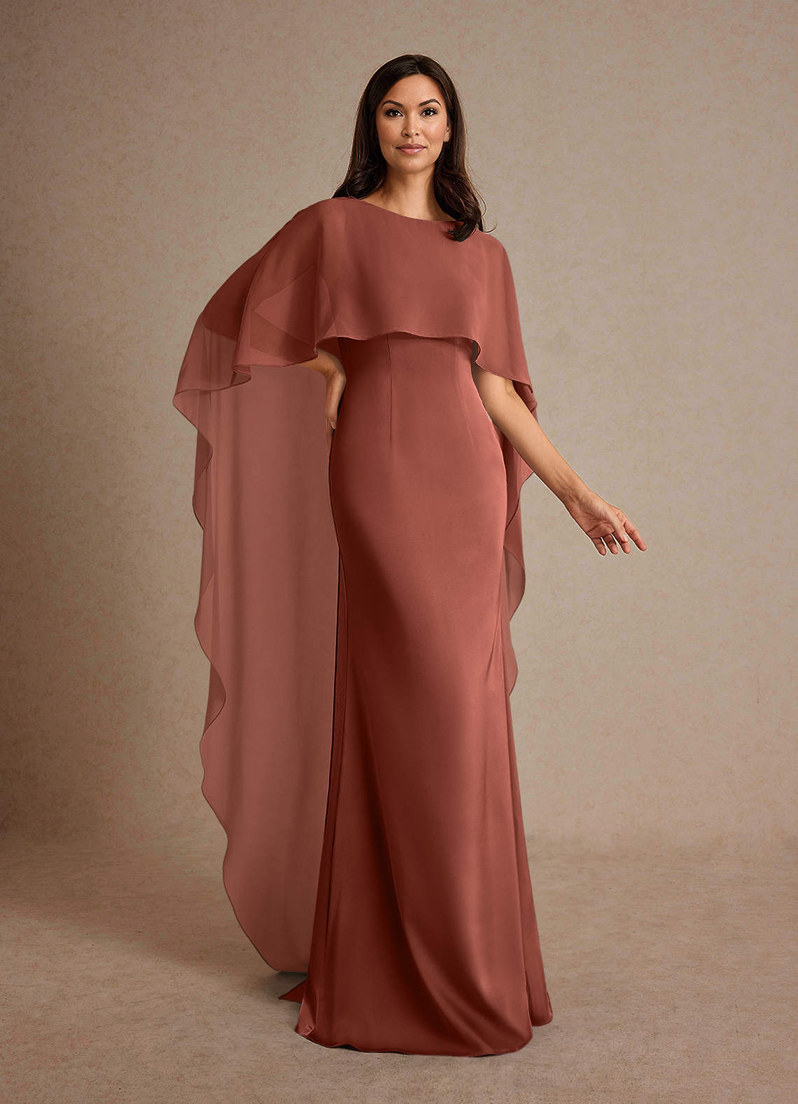 Milfred Sheath Boat-Neck Stretch Satin and Chiffon Mother of the Bride Dress in Auburn