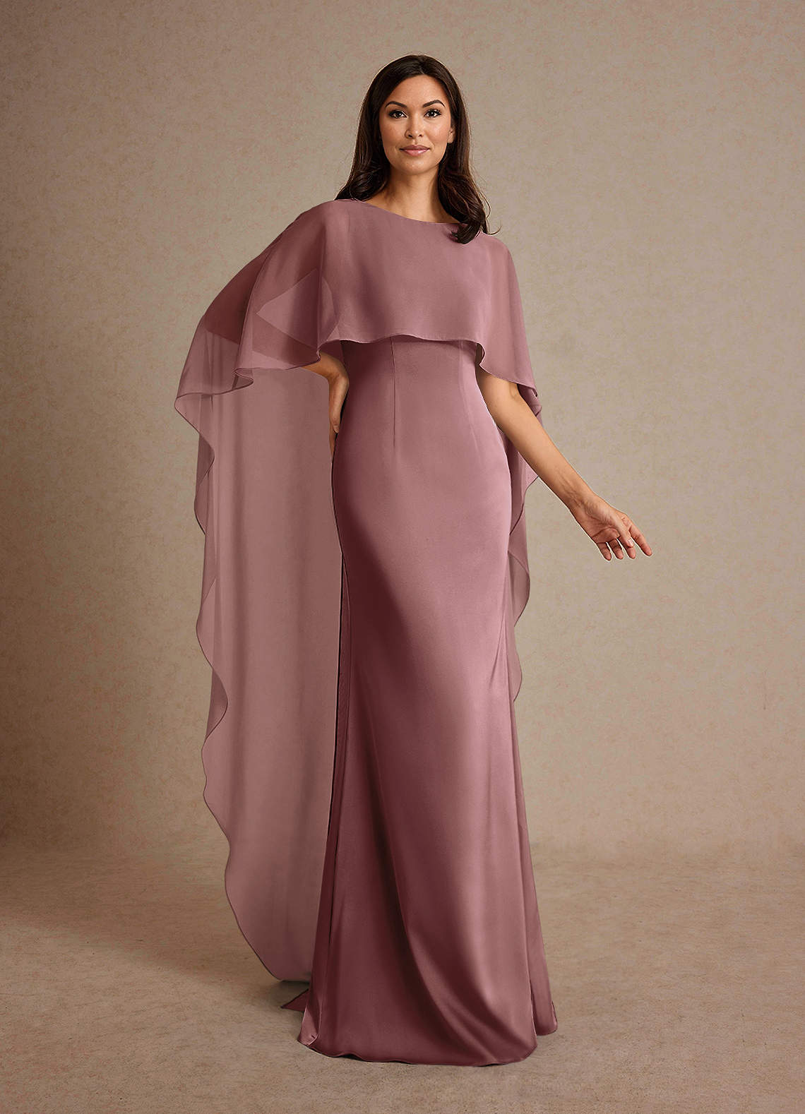 Milfred Sheath Boat-Neck Stretch Satin and Chiffon Mother of the Bride Dress in Desert Rose