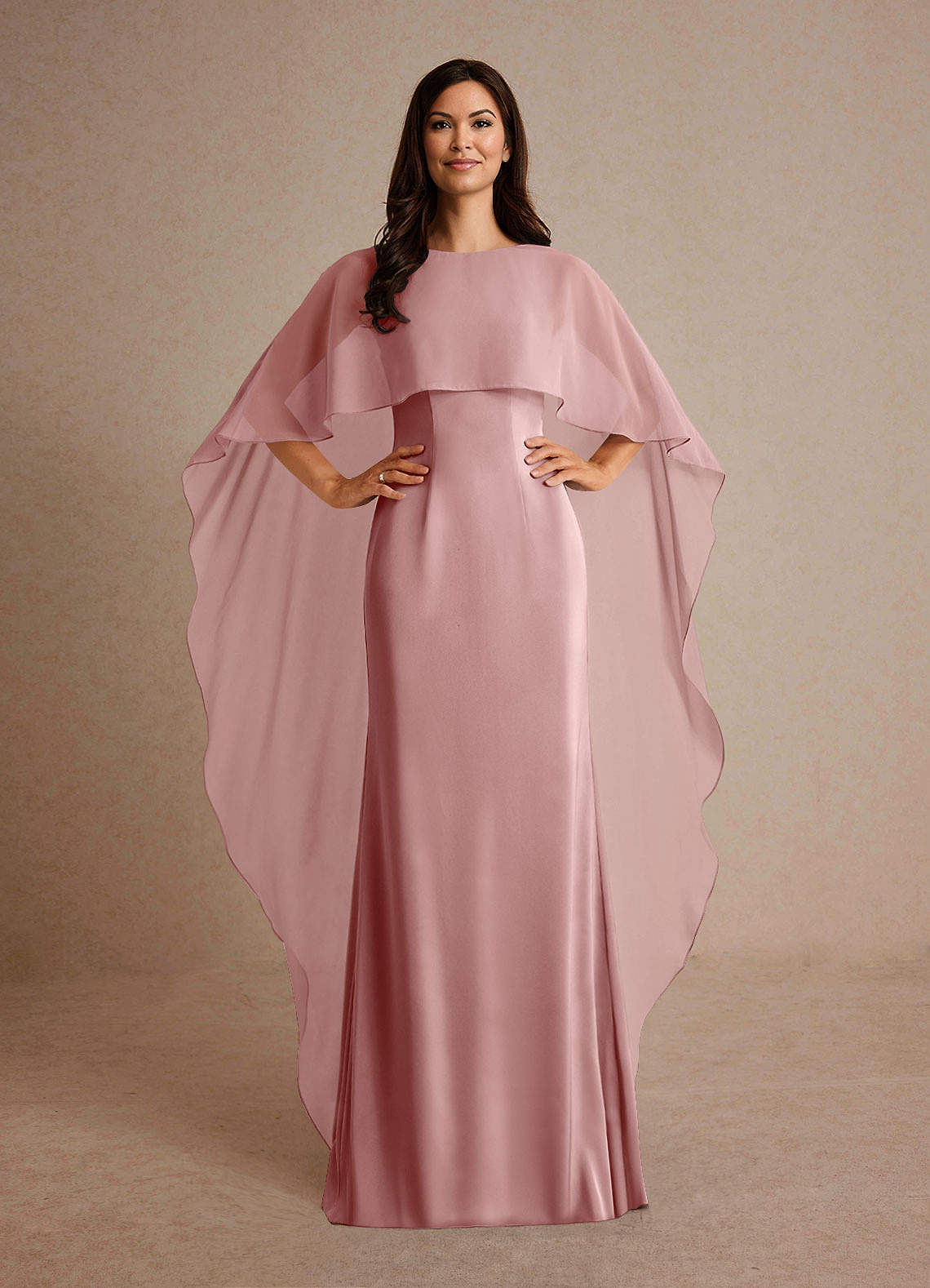 Milfred Sheath Boat-Neck Stretch Satin and Chiffon Mother of the Bride Dress in Dusty Rose