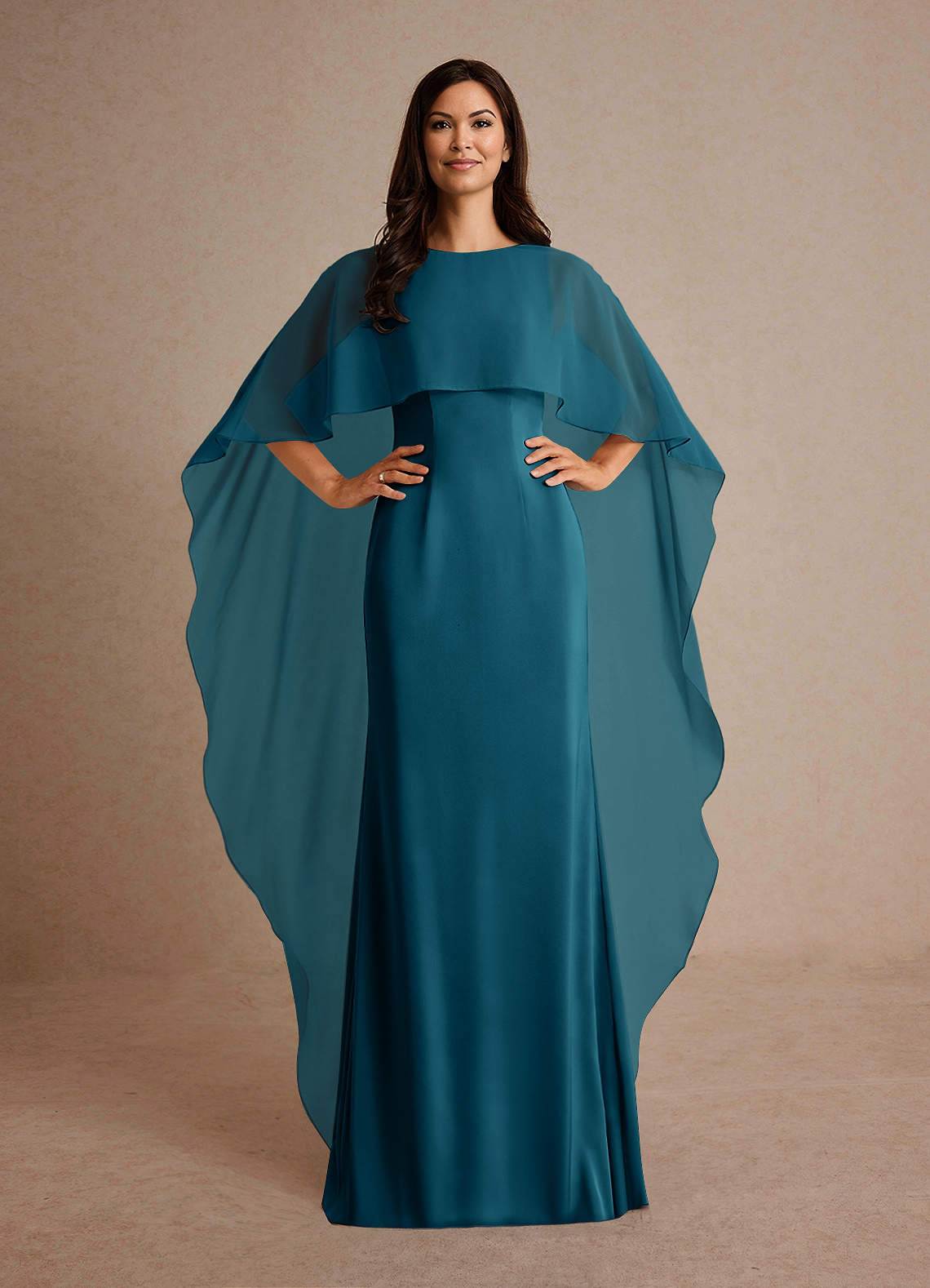 Milfred Sheath Boat-Neck Stretch Satin and Chiffon Mother of the Bride Dress in Ink Blue
