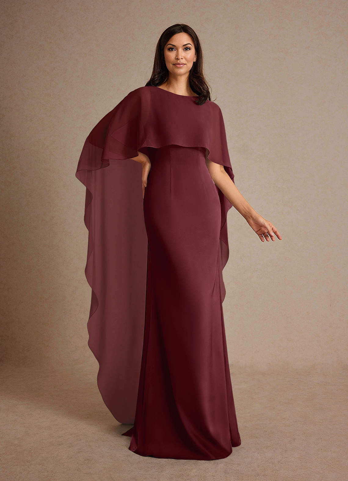 Milfred Sheath Boat-Neck Stretch Satin and Chiffon Mother of the Bride Dress in Cabernet