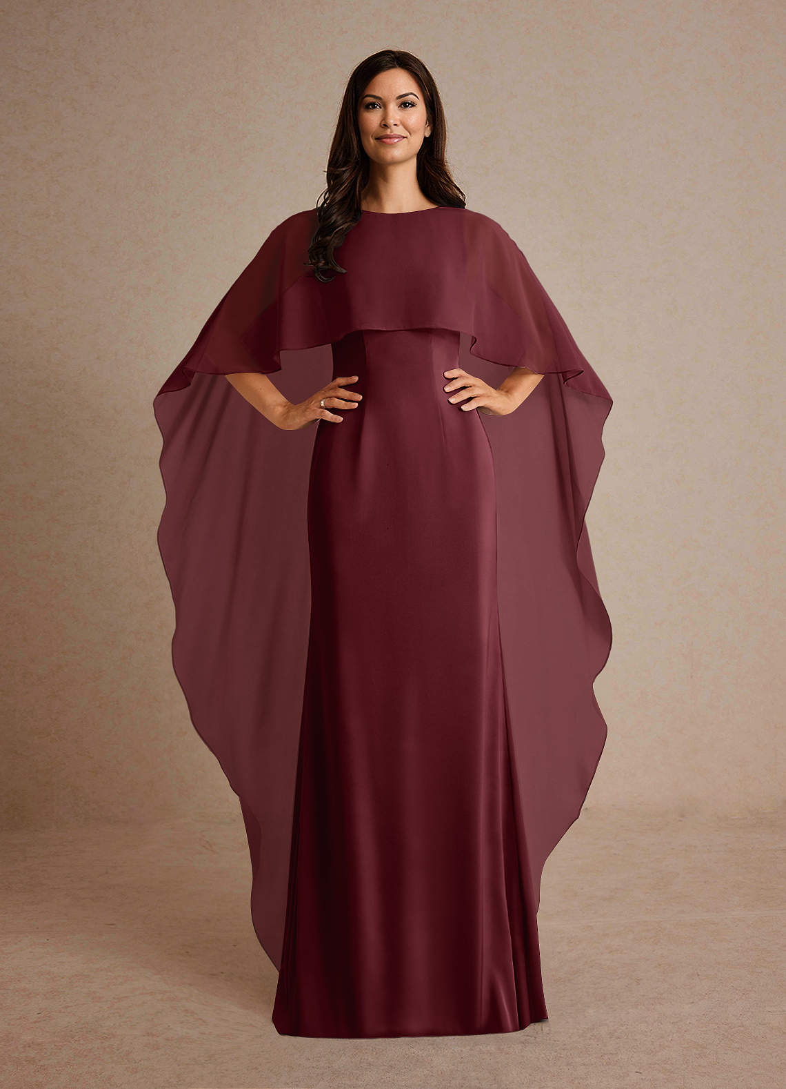 Milfred Sheath Boat-Neck Stretch Satin and Chiffon Mother of the Bride Dress in Cabernet