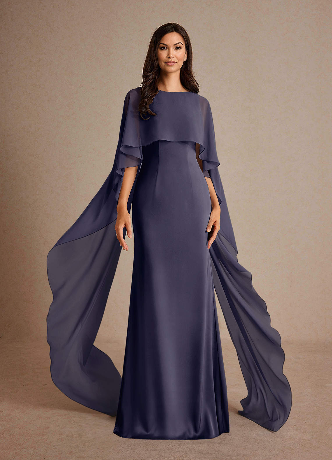 Milfred Sheath Boat-Neck Stretch Satin and Chiffon Mother of the Bride Dress in Stormy
