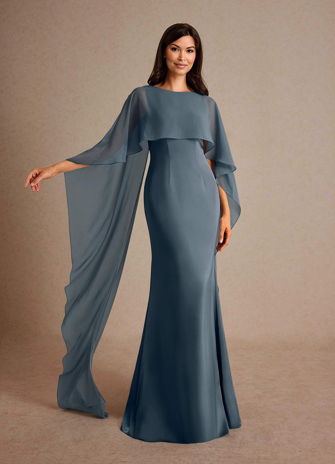 Milfred Sheath Boat-Neck Stretch Satin and Chiffon Mother of the Bride Dress in Twilight