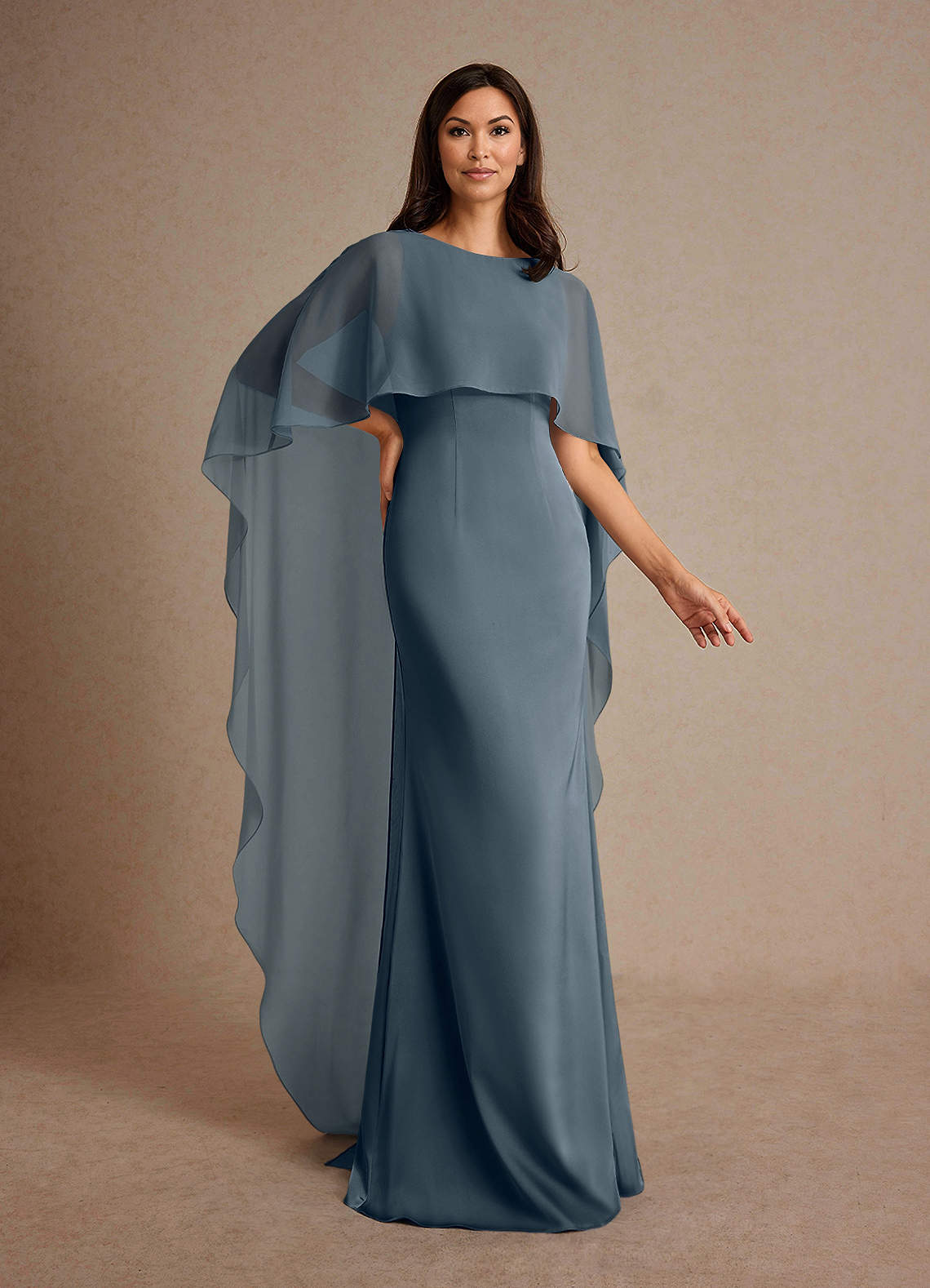 Milfred Sheath Boat-Neck Stretch Satin and Chiffon Mother of the Bride Dress in Twilight