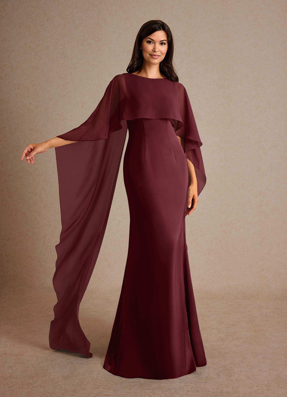 Milfred Sheath Boat-Neck Stretch Satin and Chiffon Mother of the Bride Dress in Cabernet