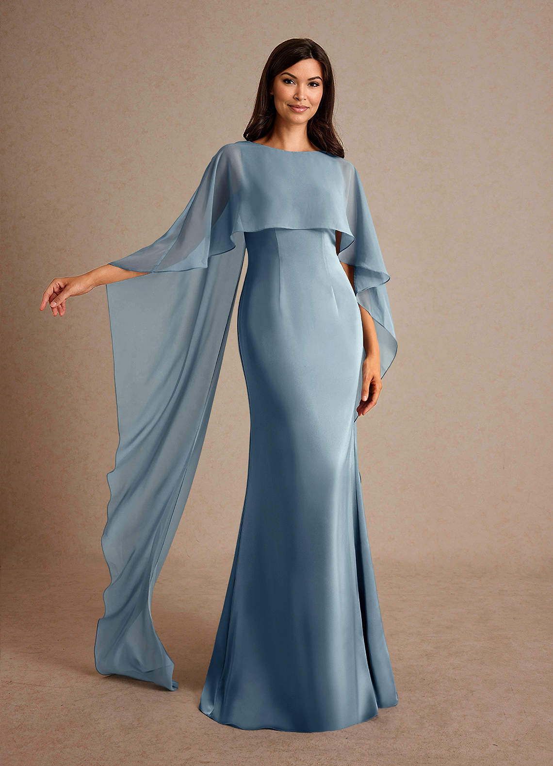 Milfred Sheath Boat-Neck Stretch Satin and Chiffon Mother of the Bride Dress in dusty blue