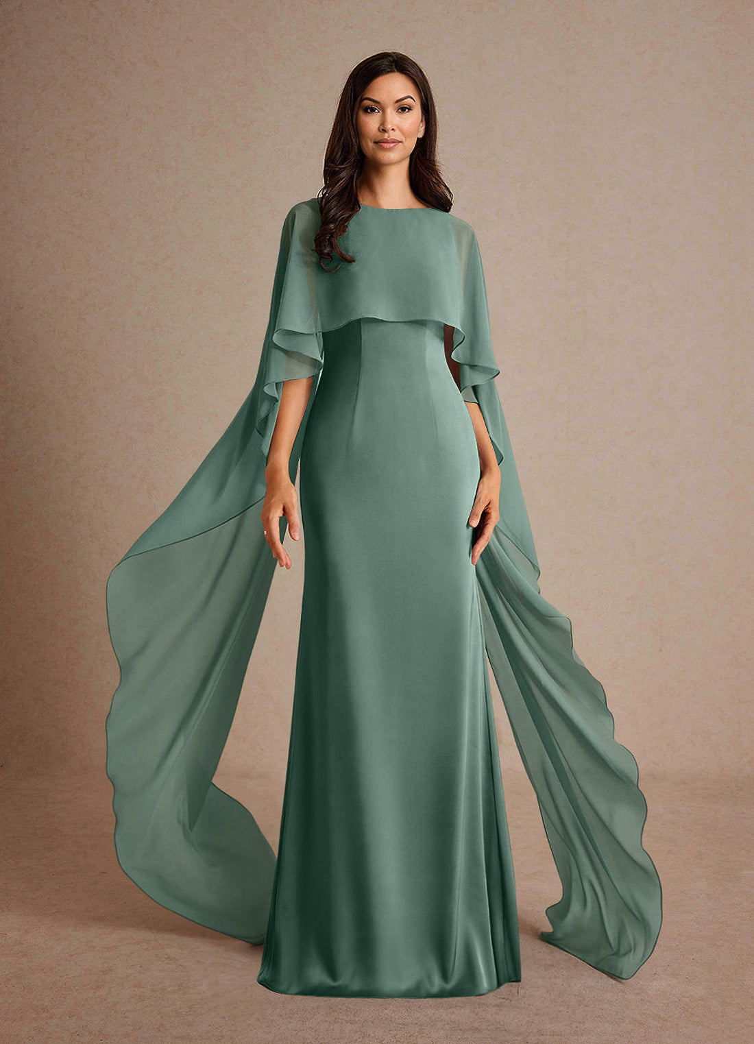 Milfred Sheath Boat-Neck Stretch Satin and Chiffon Mother of the Bride Dress in eucalyptus