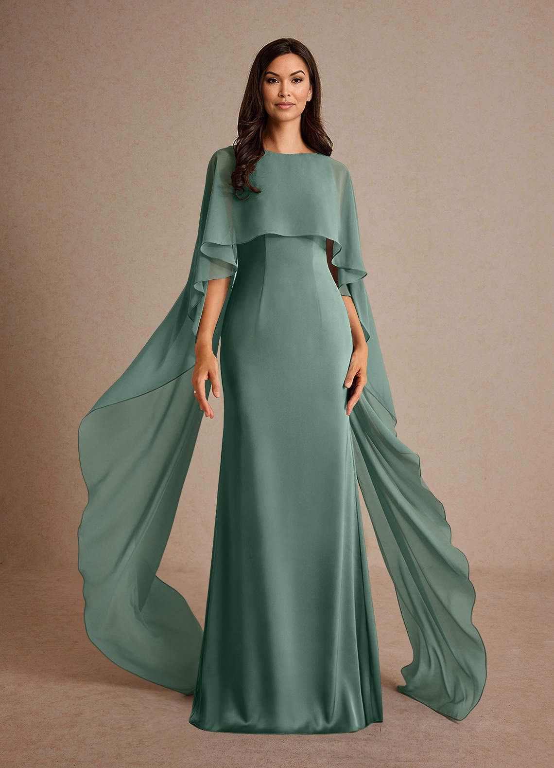 Milfred Sheath Boat-Neck Stretch Satin and Chiffon Mother of the Bride Dress in eucalyptus