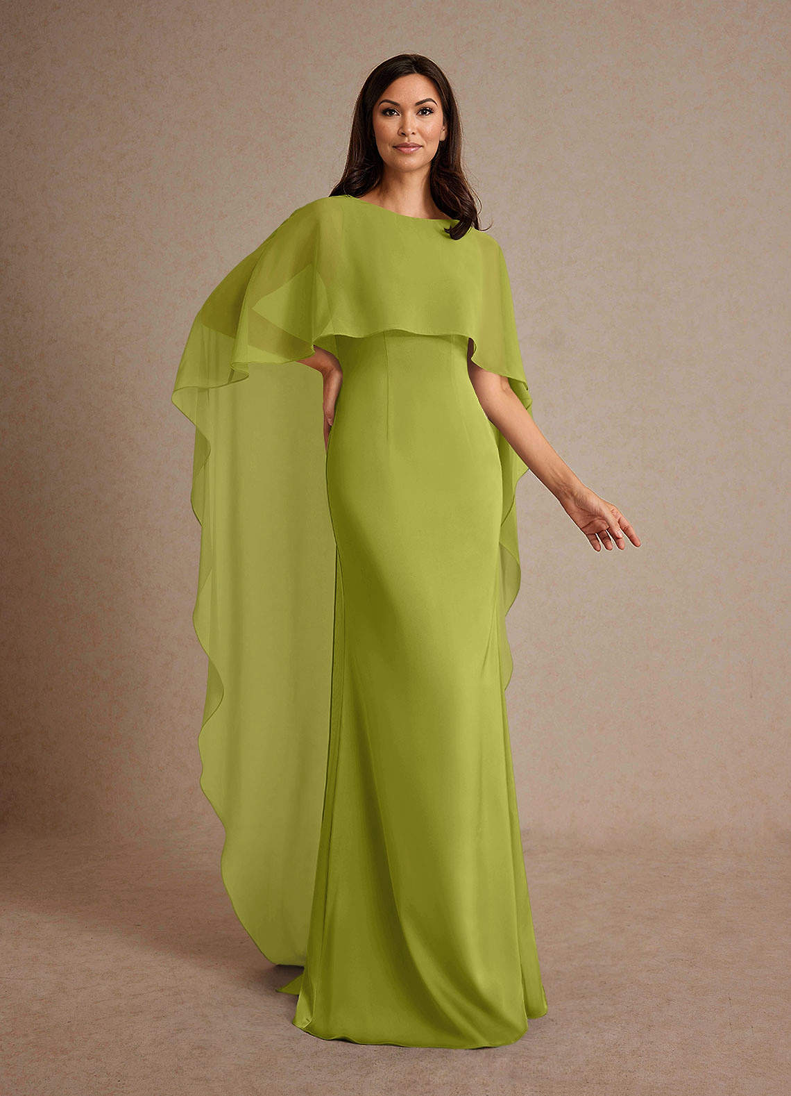 Milfred Sheath Boat-Neck Stretch Satin and Chiffon Mother of the Bride Dress in Lemongrass