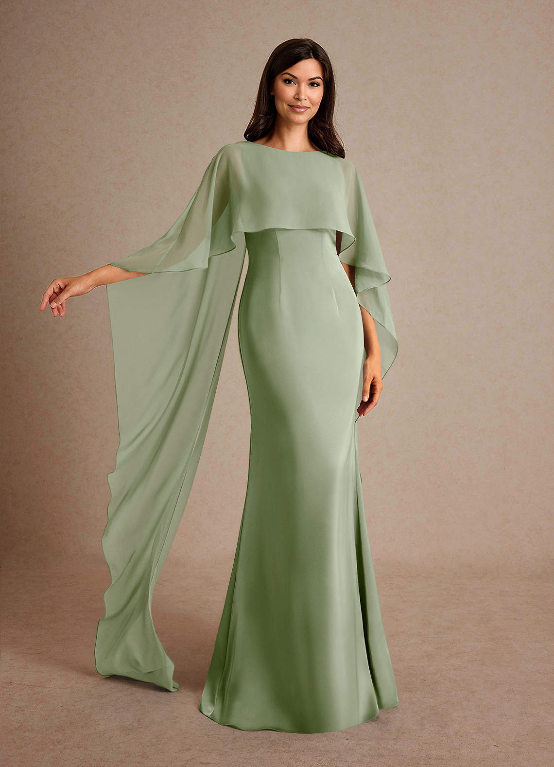 Milfred Sheath Boat-Neck Stretch Satin and Chiffon Mother of the Bride Dress in Dusty Sage