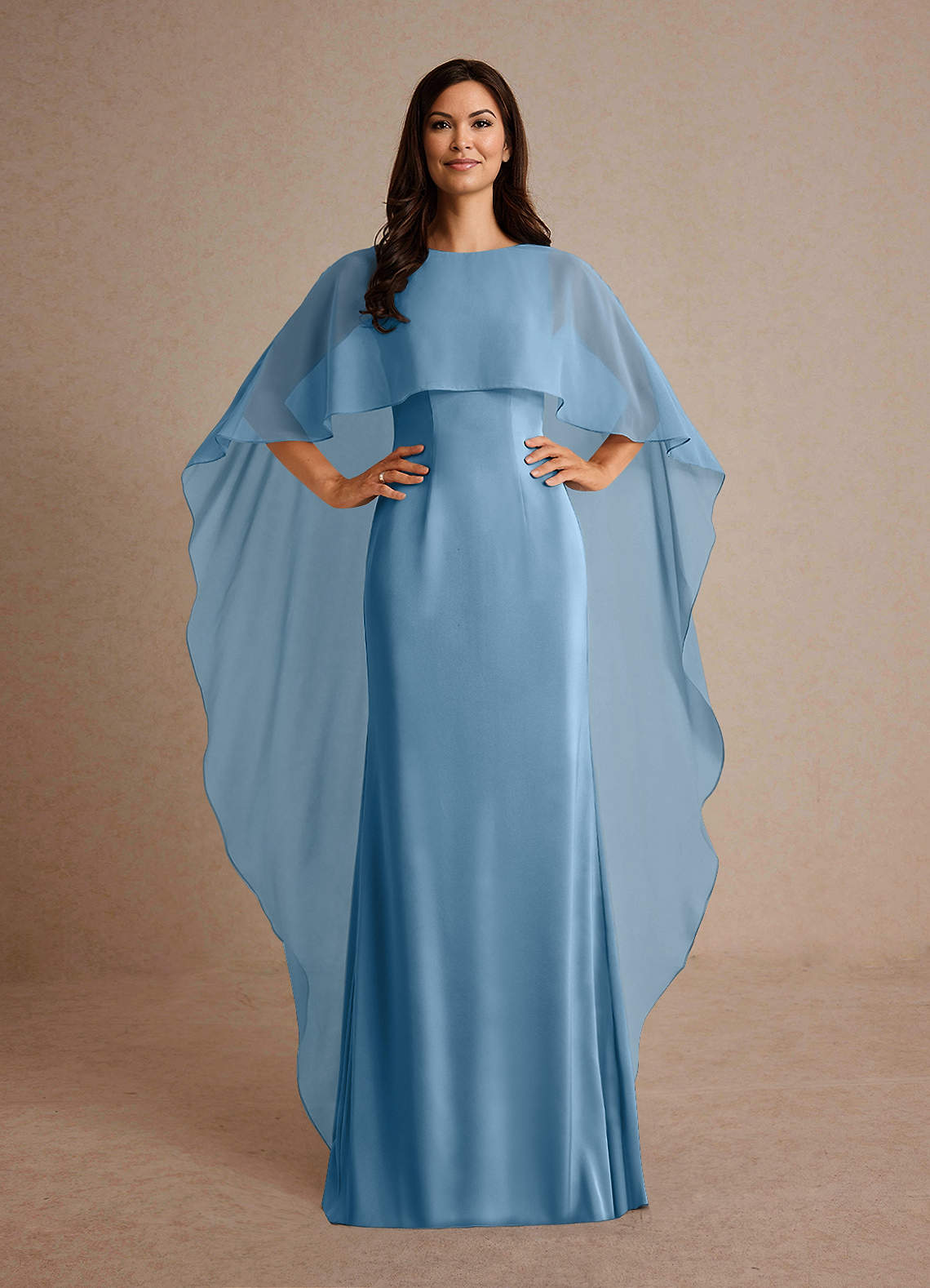 Milfred Sheath Boat-Neck Stretch Satin and Chiffon Mother of the Bride Dress in Steel Blue