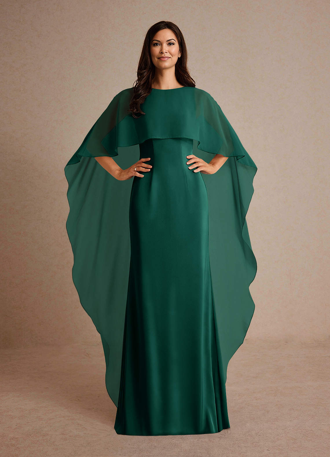 Milfred Sheath Boat-Neck Stretch Satin and Chiffon Mother of the Bride Dress in Emerald