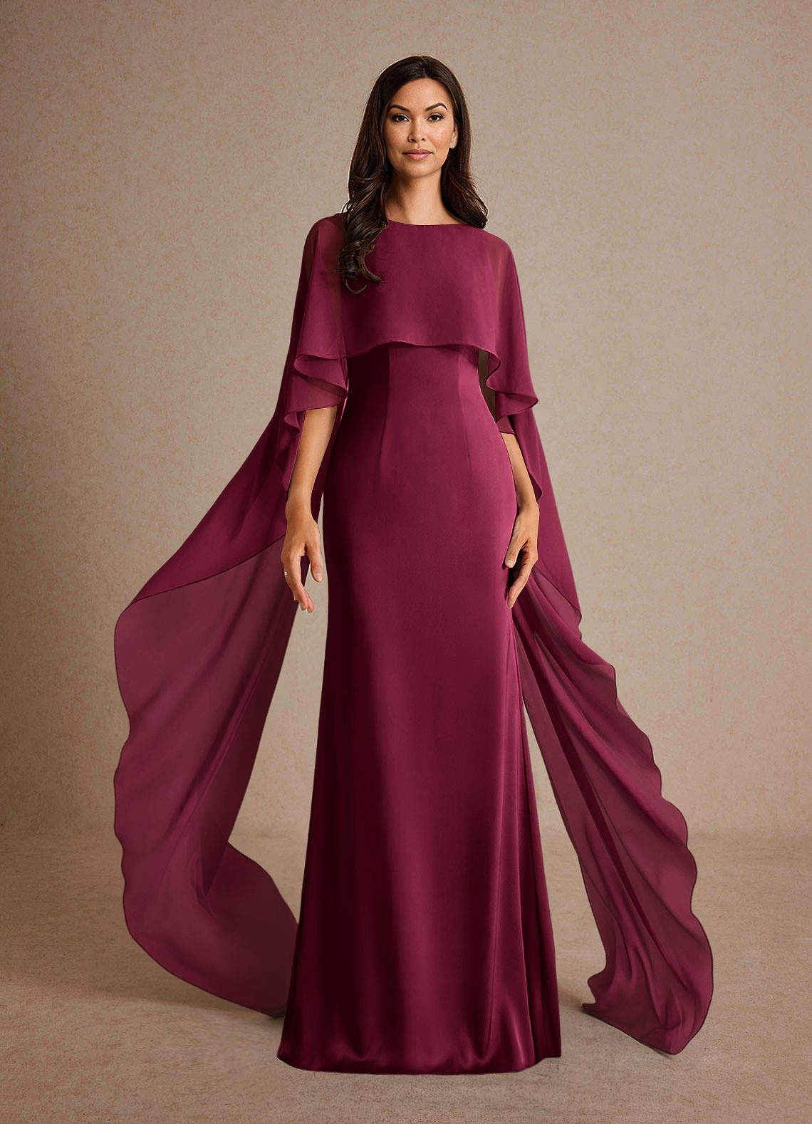 Milfred Sheath Boat-Neck Stretch Satin and Chiffon Mother of the Bride Dress in Burgundy