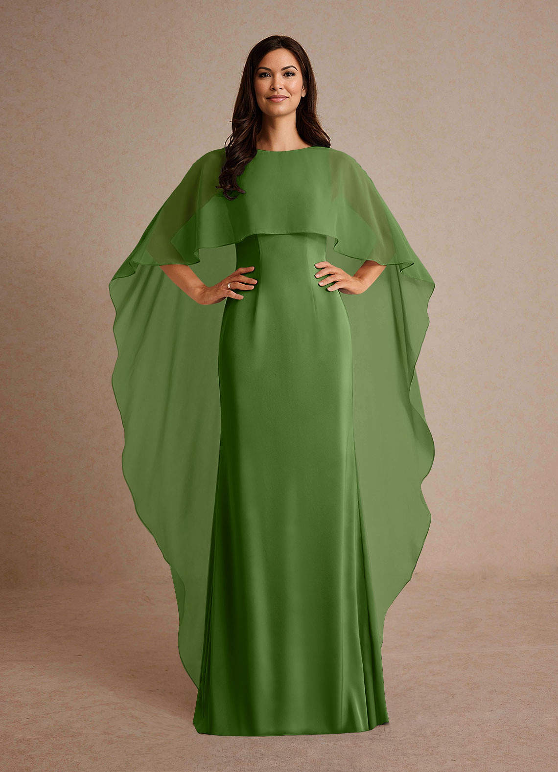 Milfred Sheath Boat-Neck Stretch Satin and Chiffon Mother of the Bride Dress in Basil