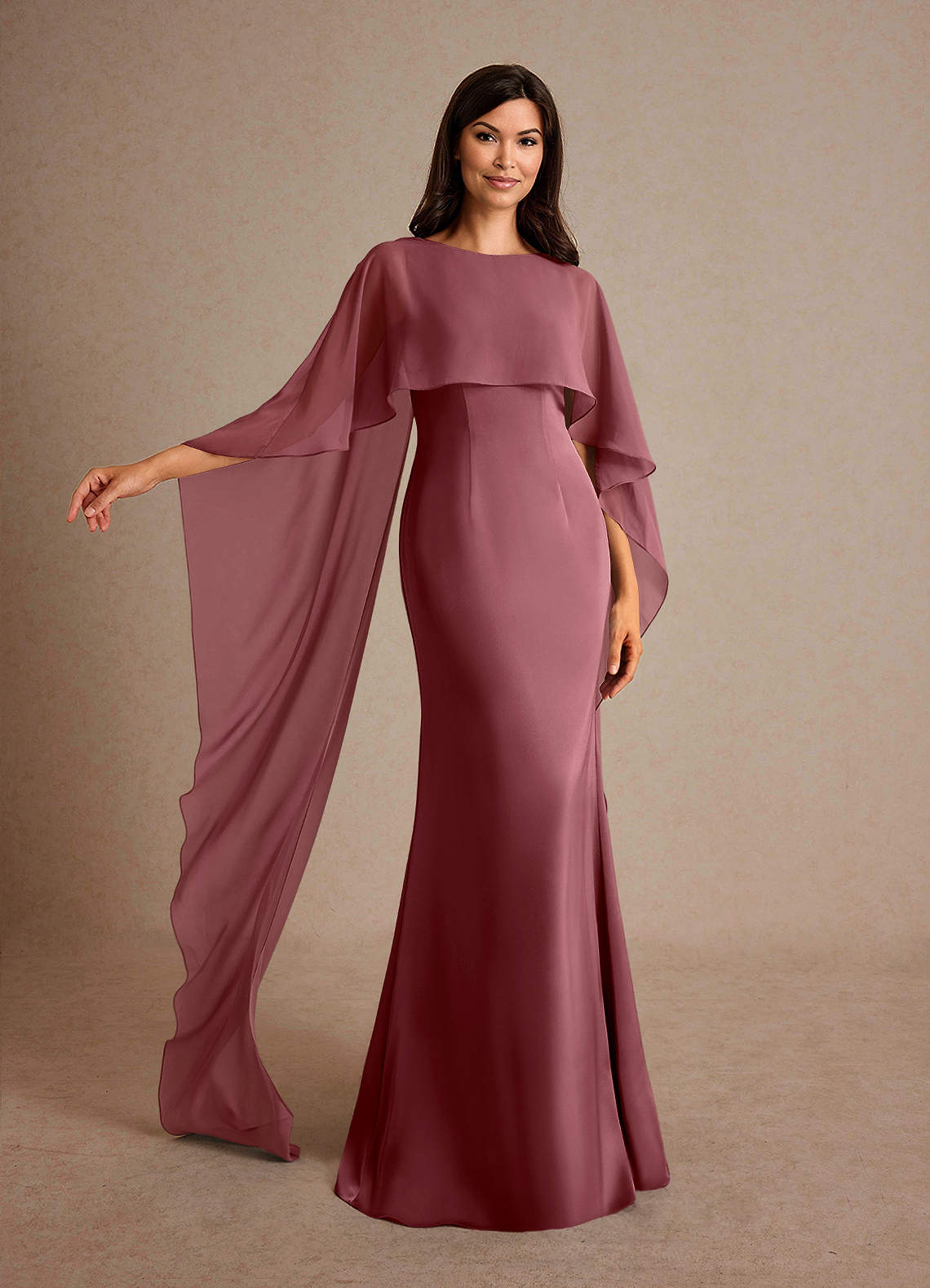Milfred Sheath Boat-Neck Stretch Satin and Chiffon Mother of the Bride Dress in Sangria