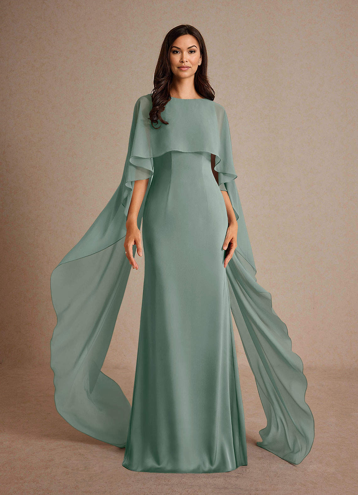 Milfred Sheath Boat-Neck Stretch Satin and Chiffon Mother of the Bride Dress in Silver Sage