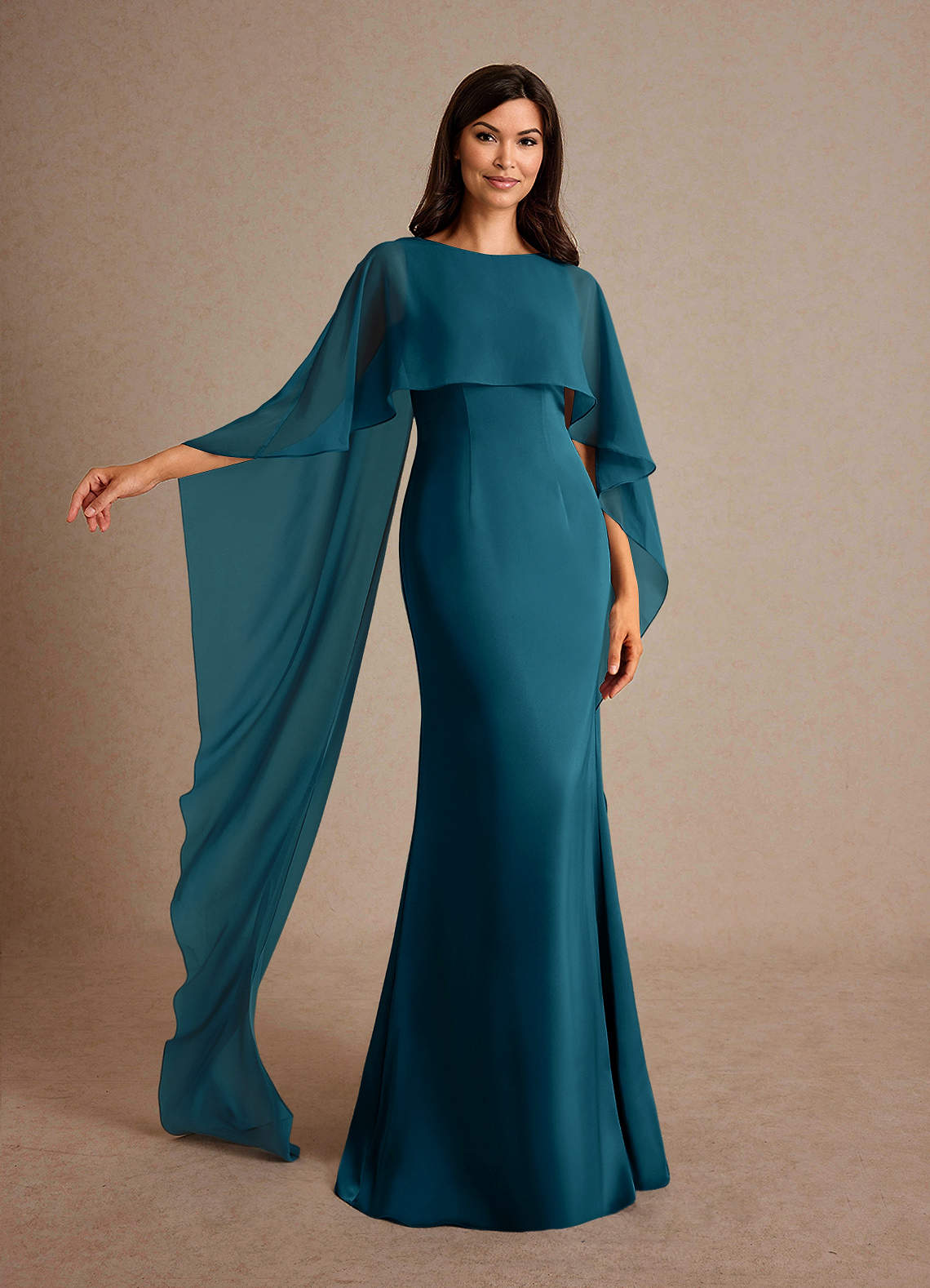 Milfred Sheath Boat-Neck Stretch Satin and Chiffon Mother of the Bride Dress in Ink Blue