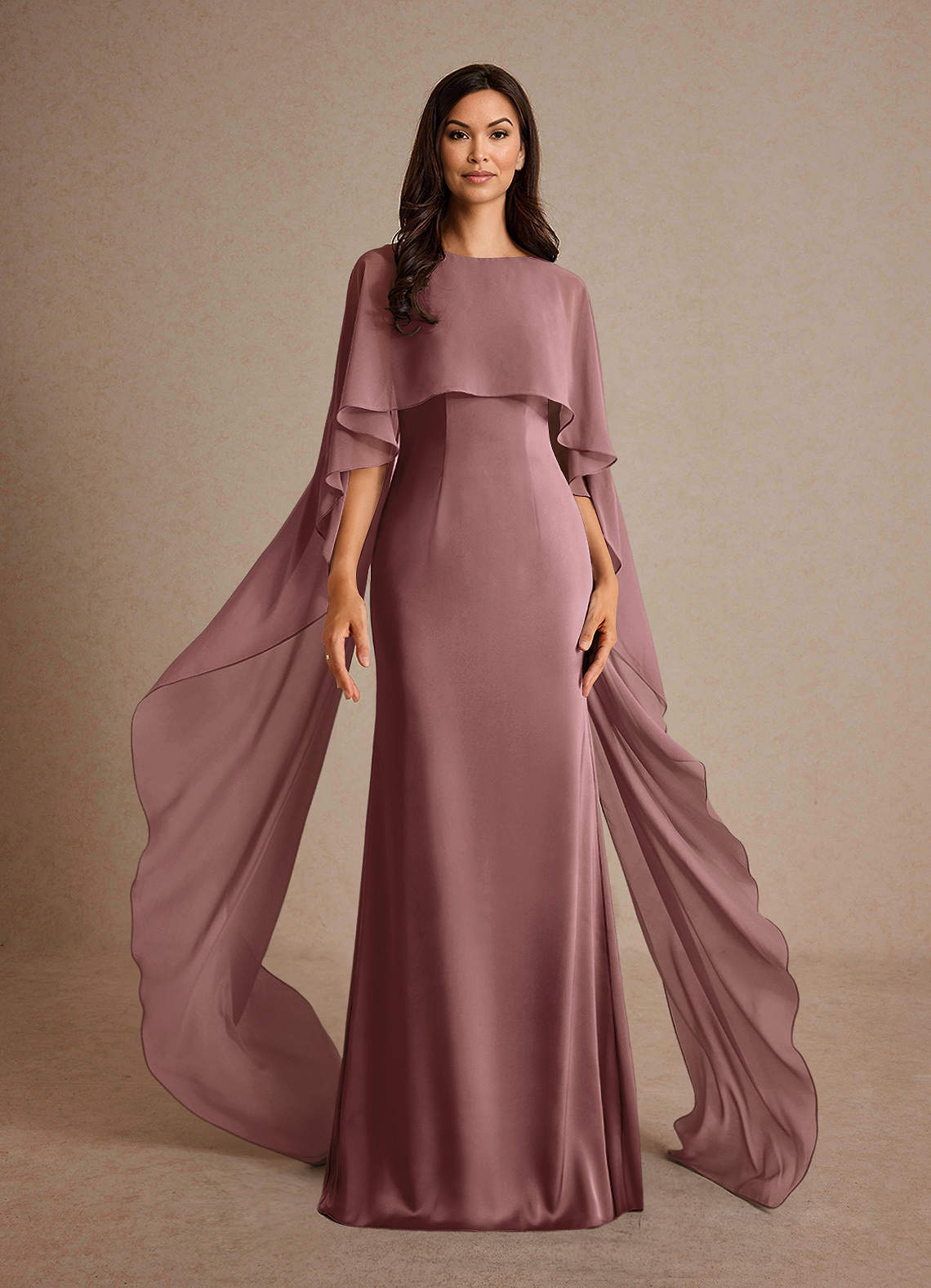 Milfred Sheath Boat-Neck Stretch Satin and Chiffon Mother of the Bride Dress in Desert Rose